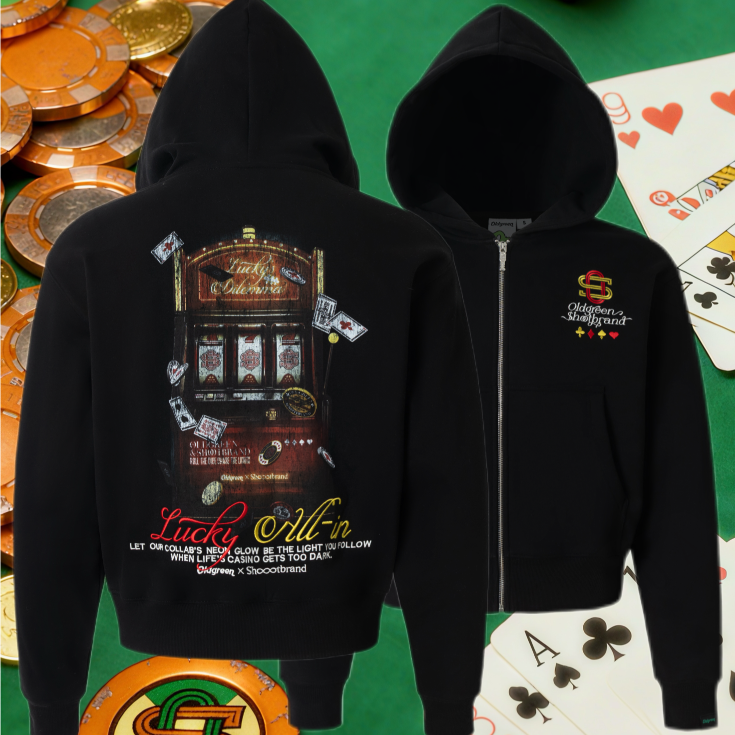 OLDGREEN×SHOOTBRAND联名系列 人生赌局游戏机印花做旧连帽外套