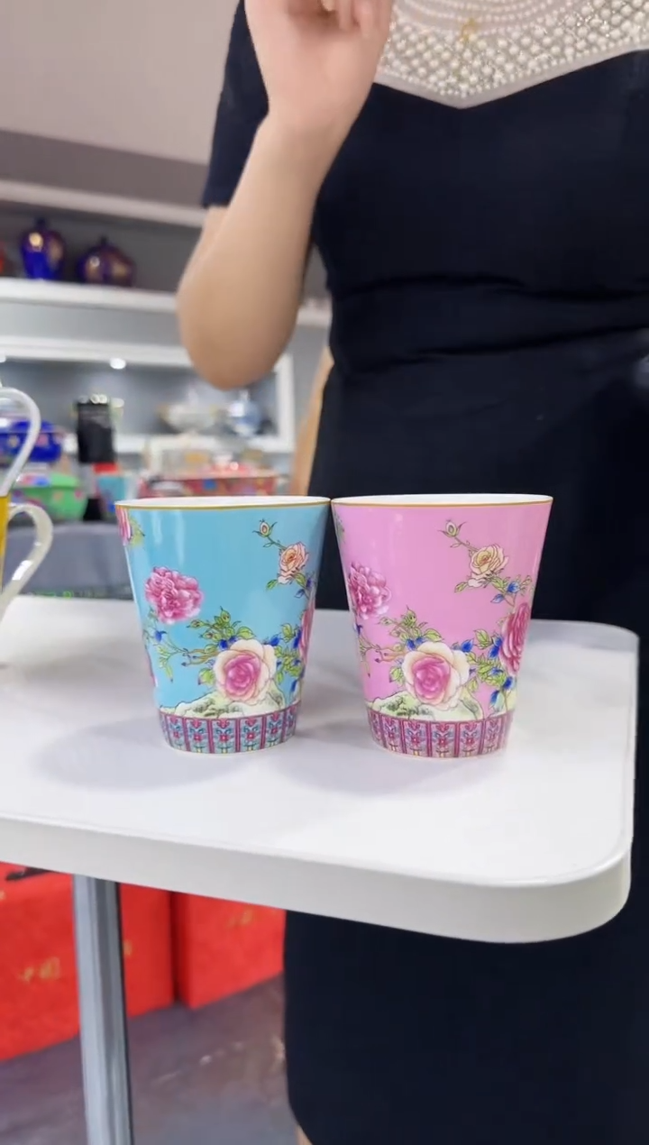 珐琅 牡丹花卉水杯2只装景德镇