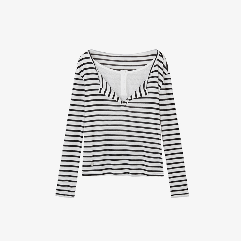 【T恤】25秋假两件V荡领条纹长袖设计撞色拼接针织T恤女Z7692