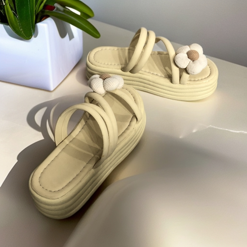 2309 松糕底中跟圆头花朵夏季一字拖凉拖鞋休闲时尚女鞋