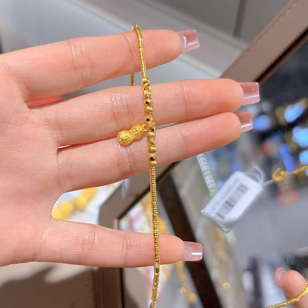 足金999镂空花生猫眼蹦迪珠盘缠5G手链精致百搭黄金手链