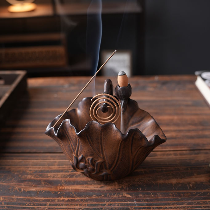 创意陶瓷大号蚊香炉中式禅意香薰炉家用摆件大荷花三用香炉