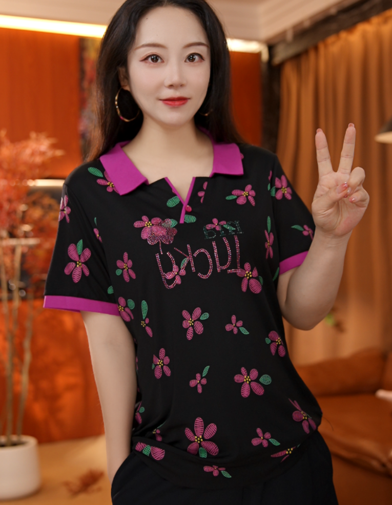 新款花朵Polo领短袖T恤【1309】