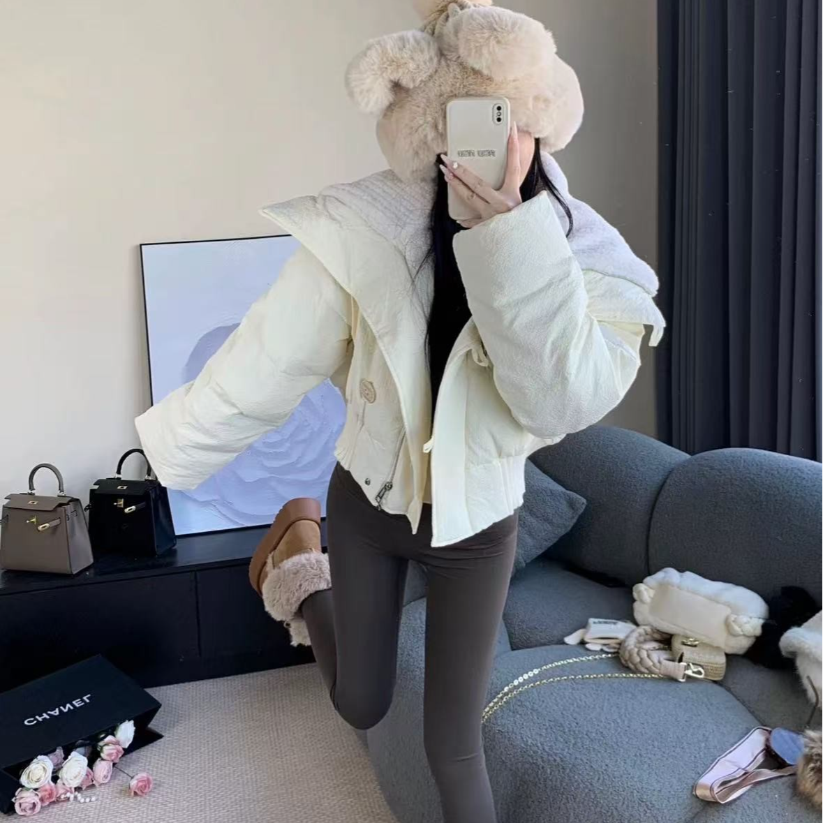 胖鹅张~“微瑕 易脏”高领可翻领毛圈拼接短款棉服外套#1358