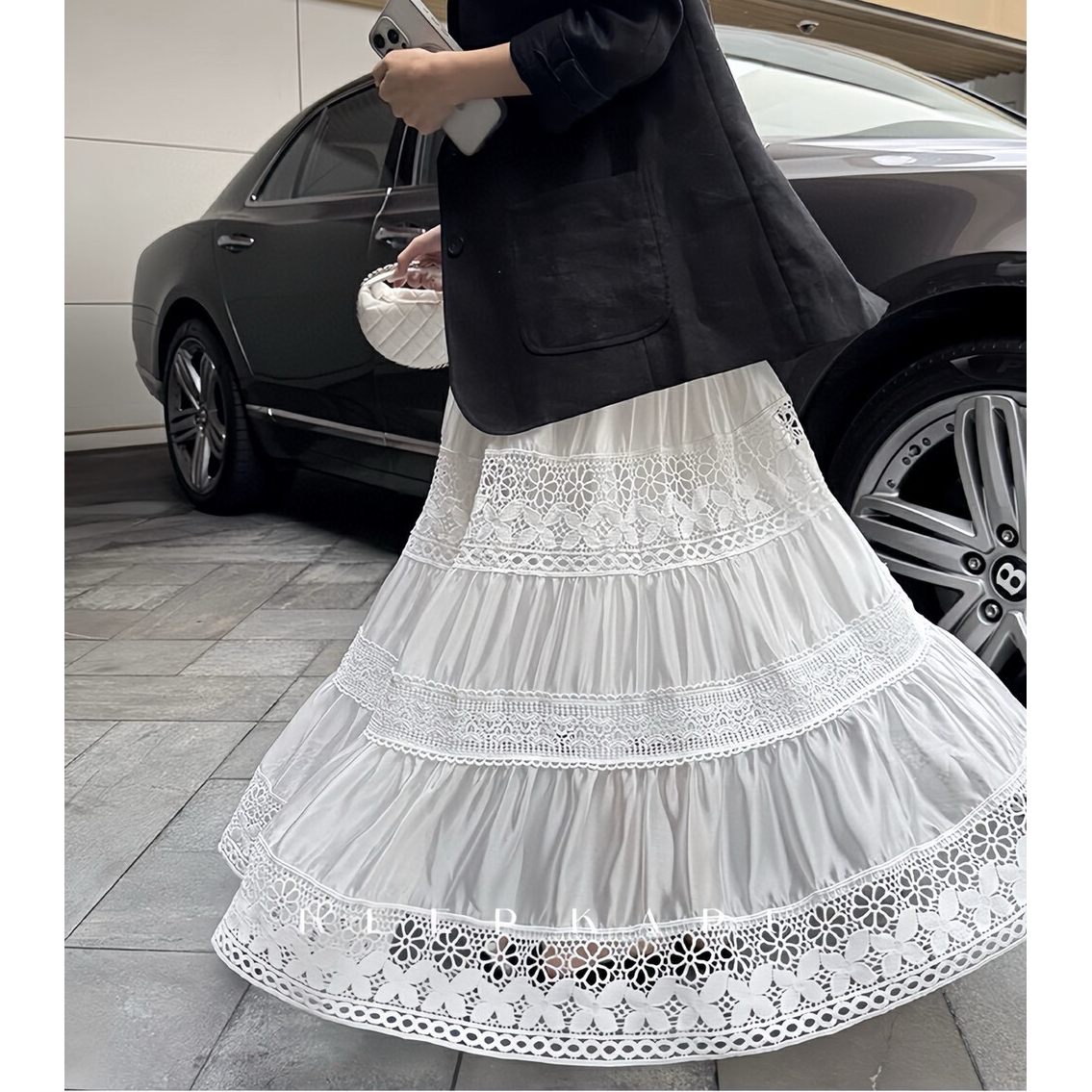 天丝刺绣蕾丝裙立体花朵镂空半身裙女拼接白色仙女裙长款裙子