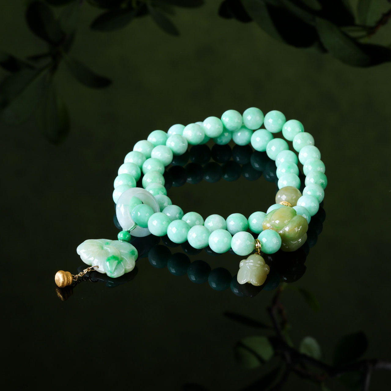 【意婵】《翠泊舟》“大超值”7mm18k金天然缅A阳绿翡翠双圈手链-916171