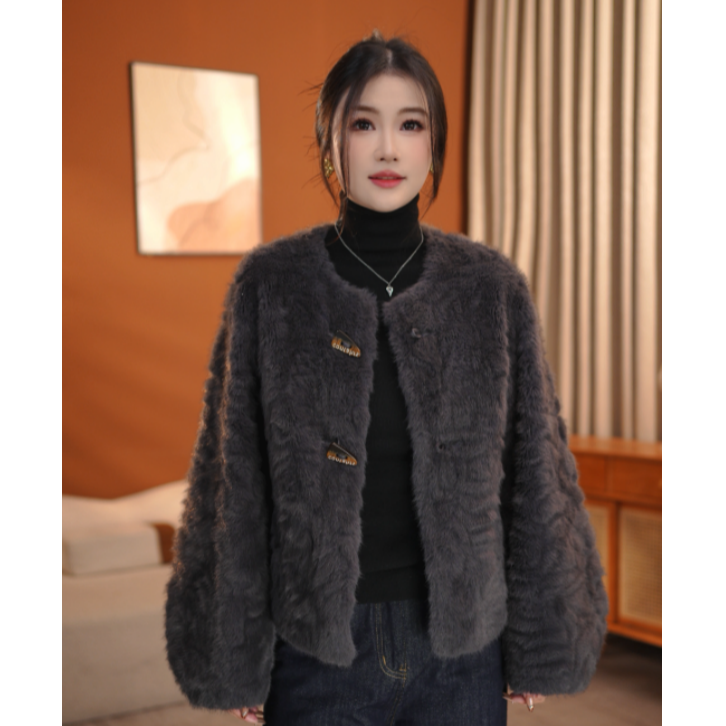 【木兮】灰紫色女士短款毛毛外套设计师冬季气质精致-BDP95233