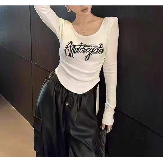 （倩倩）高级感时尚u领掐腰修身褶皱美式甜辣妹长袖上衣25082