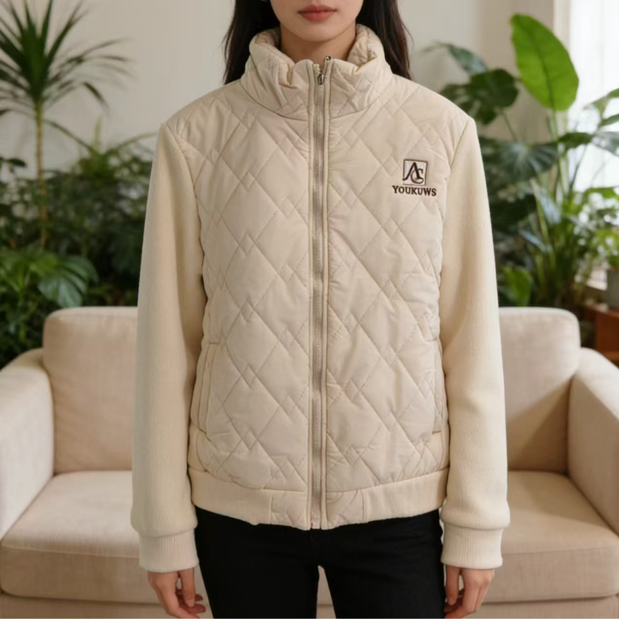 D118宽松型长袖保暖防风厚款棉衣棉服运动加绒女装立领