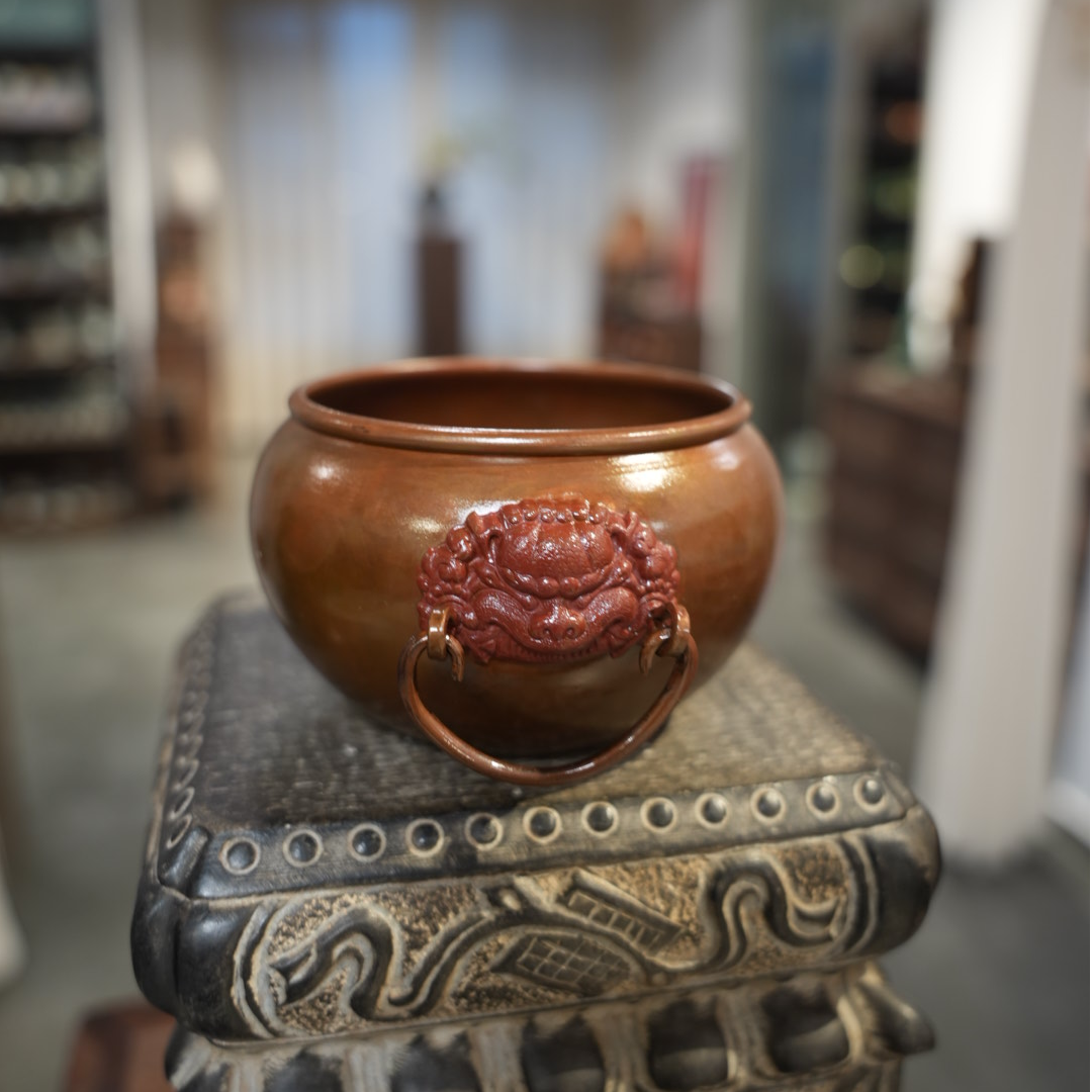 倩遇.紫铜双狮双耳缸建水茶道配件