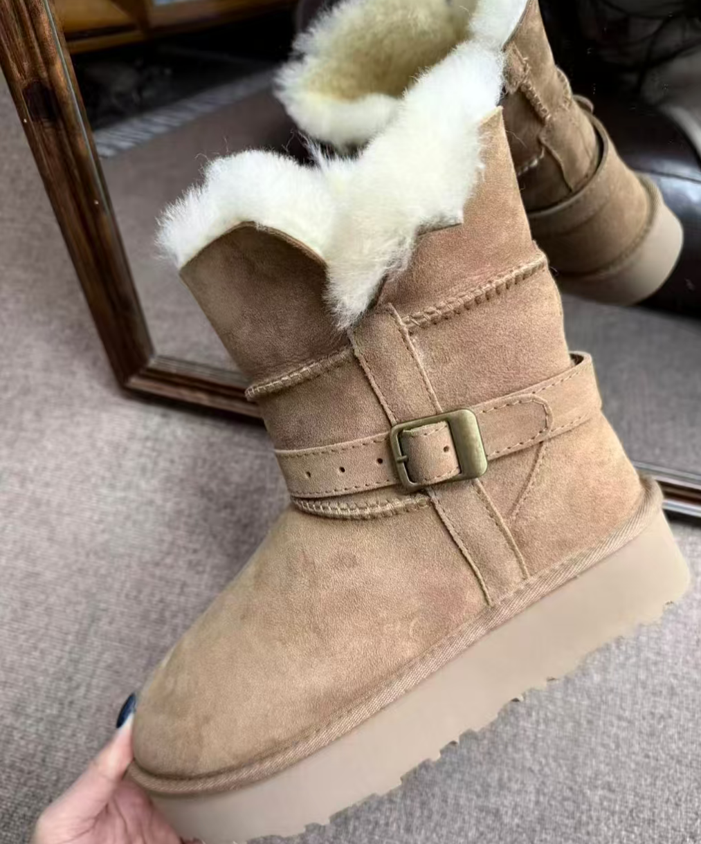 【河南桑坡6】桑坡雪地靴女冬新款低筒骑士靴羊皮毛一体