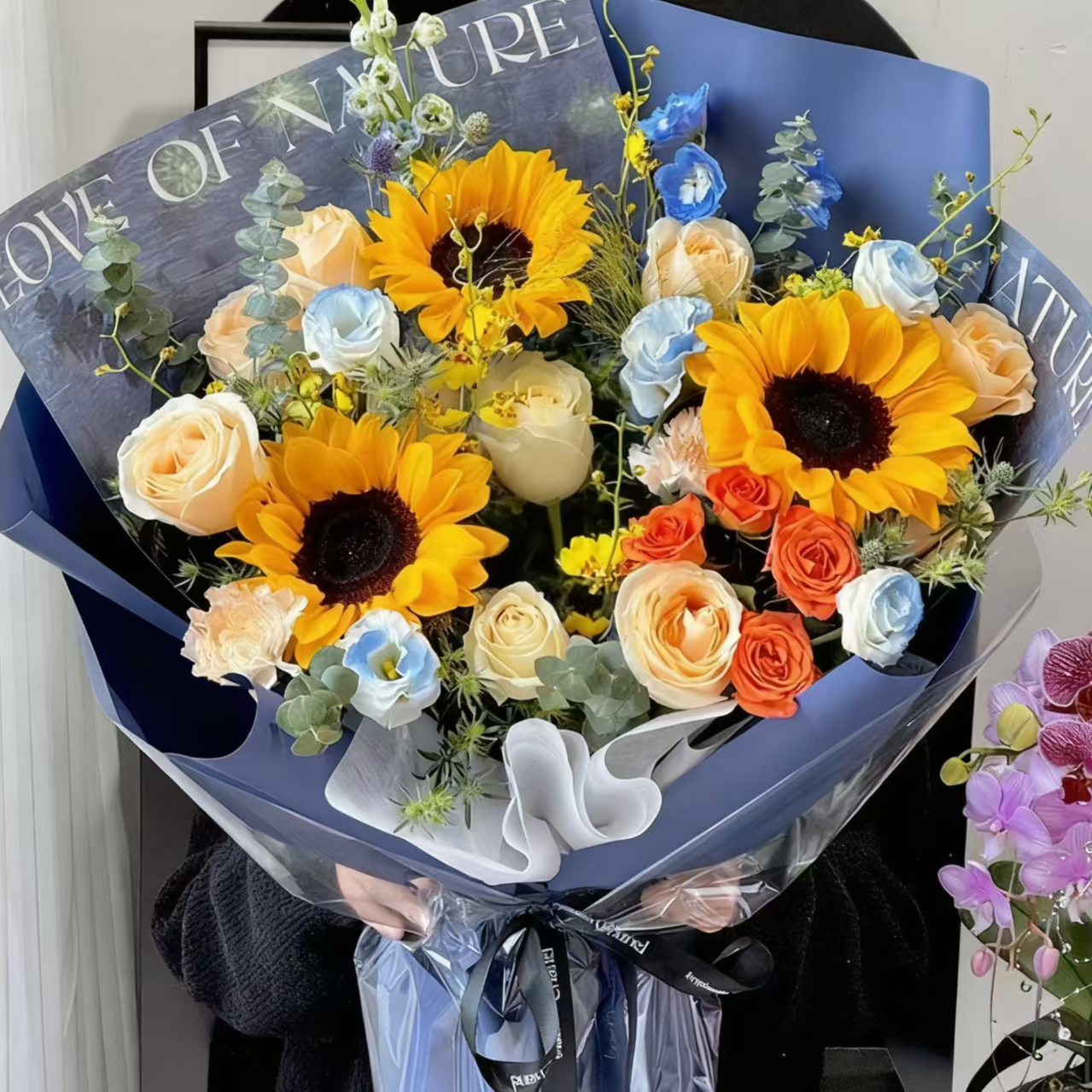 {教师节大气祝福花束}向日葵混搭蓝色系送朋友送祝福教师节花束生日礼物同城配送