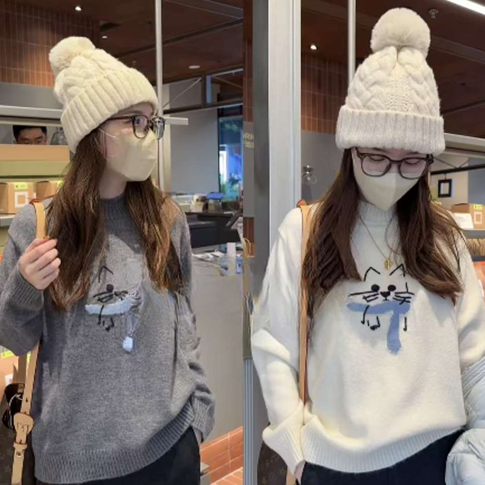 【围巾小猫】冬新款俏皮保暖圆领套头毛衣女卡通针织