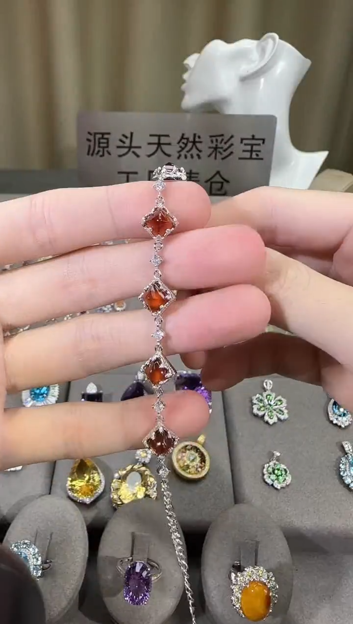 银S925镶嵌手链石榴石（芬达石）6mm糖塔石榴高级款