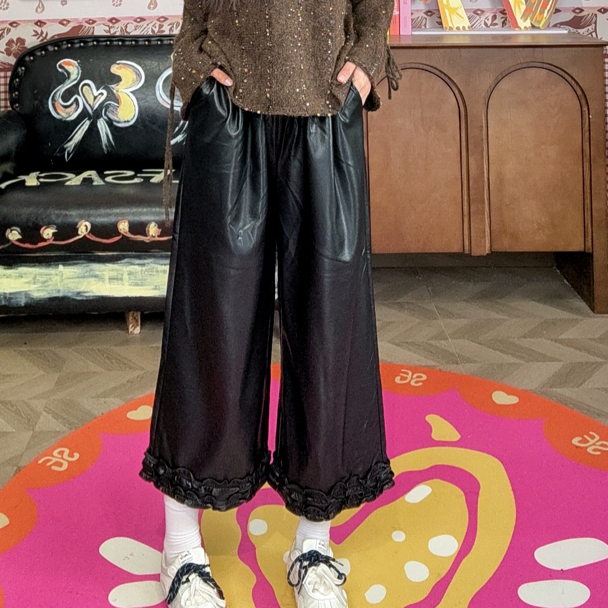 妖精的口袋皮裤高腰显瘦短款2025秋设计感秋季设计师气质25310084