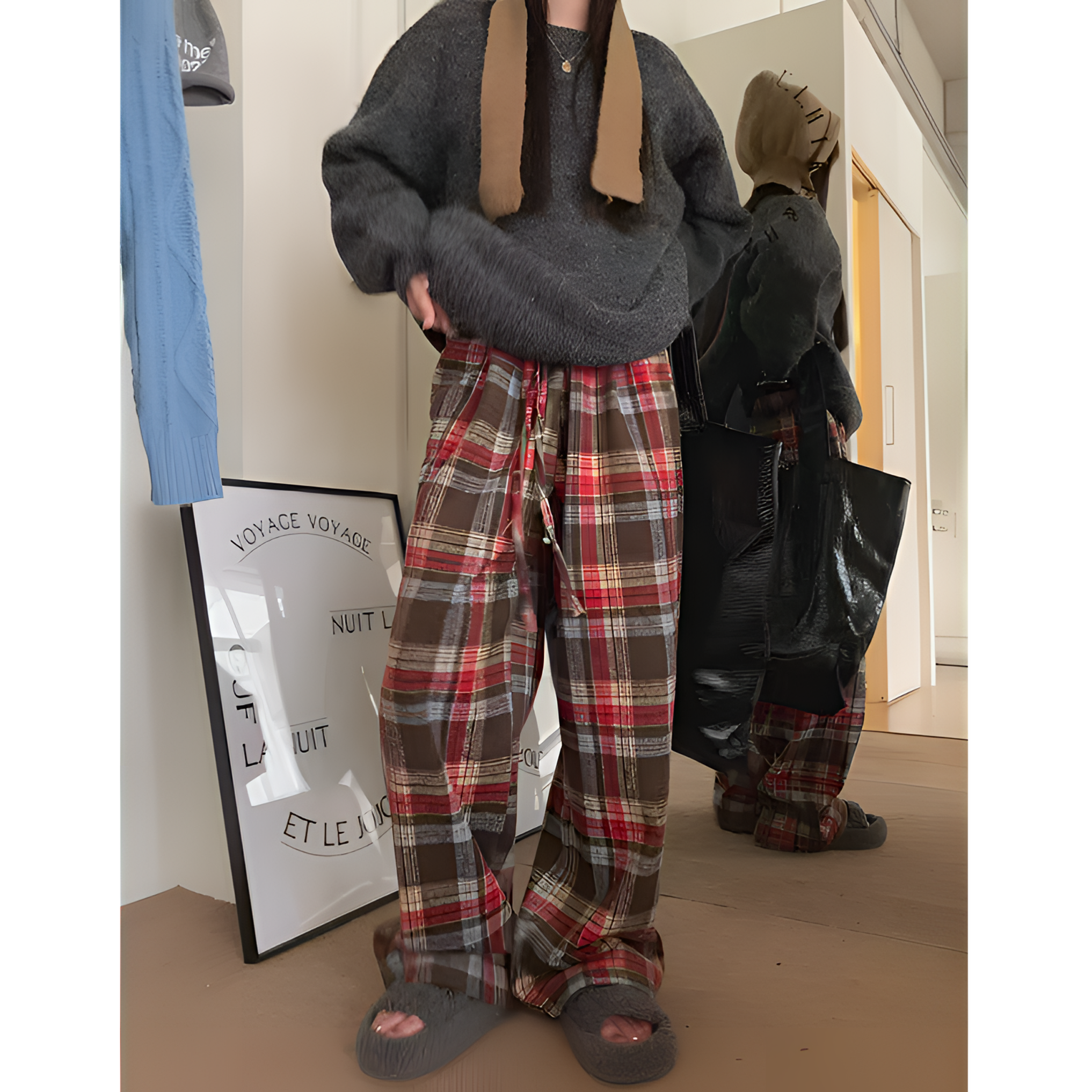 时尚撞色格纹抽绳休闲裤阔腿裤女装秋冬高腰宽松直筒裤拖地裤