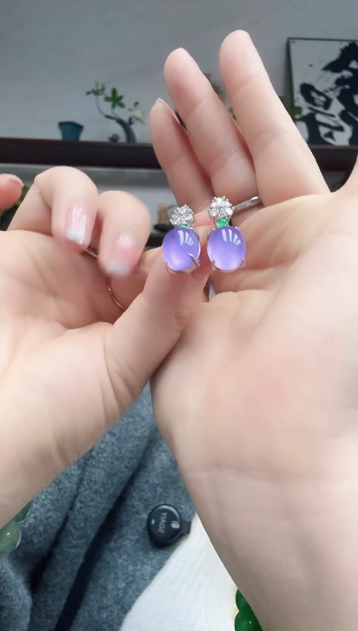 银S925镶嵌翡翠耳钉妖紫耳钉