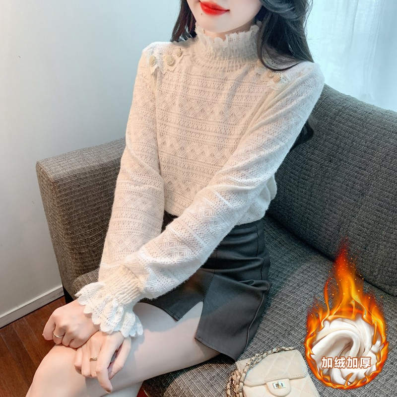 植绒加绒加厚法式显瘦蕾丝衫女新款秋冬半高领上衣磨毛内搭打底衫