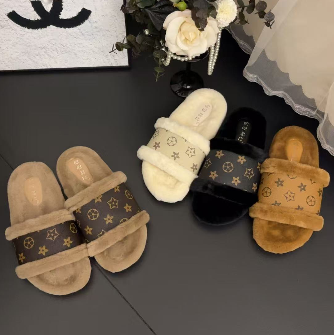 欧洲站经典老花设计厚底防滑时尚百搭高级ins风外穿女毛拖鞋韩版