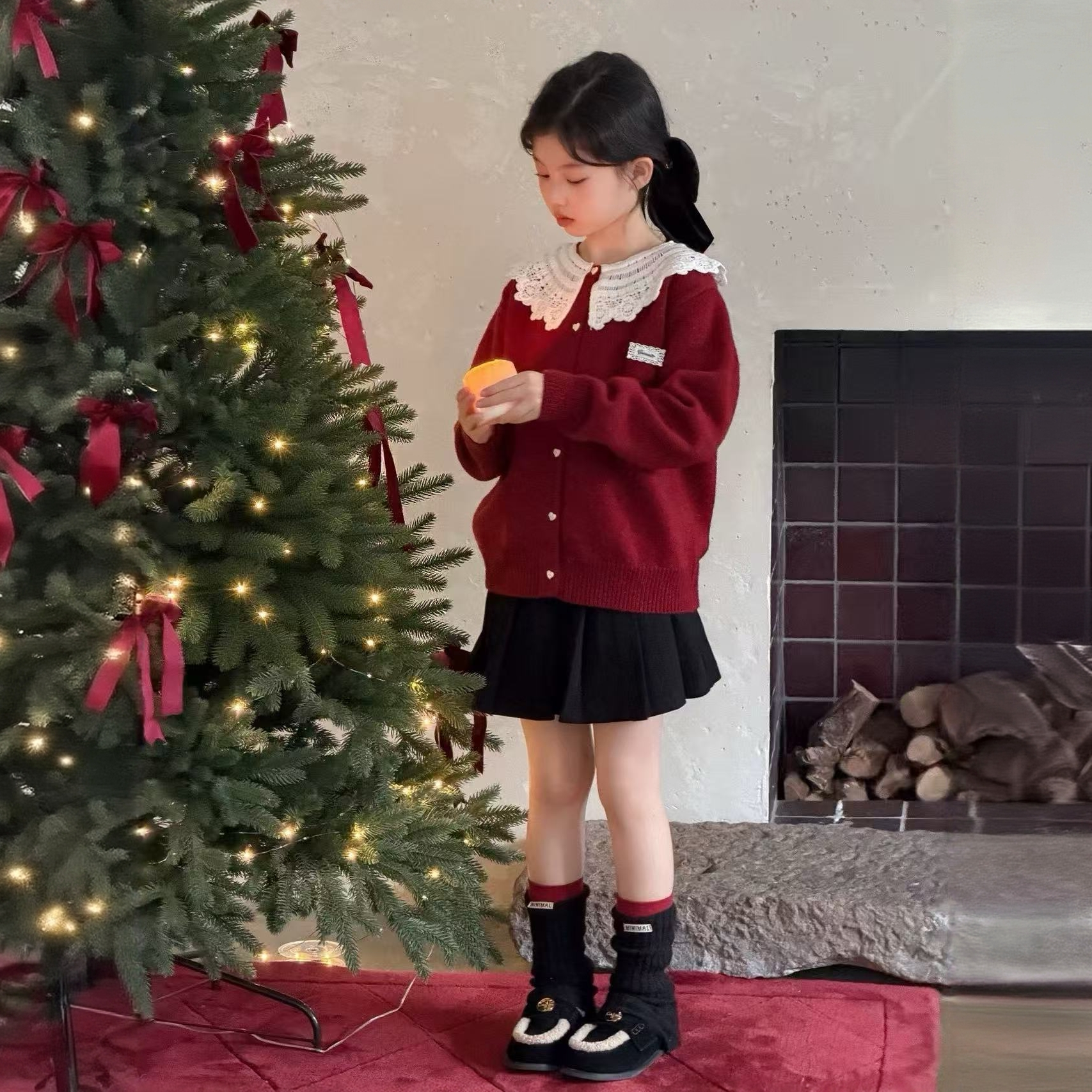 女童毛衣圣诞款冬季新红色甜美娃娃衫亲套头洋气针织衫 255188