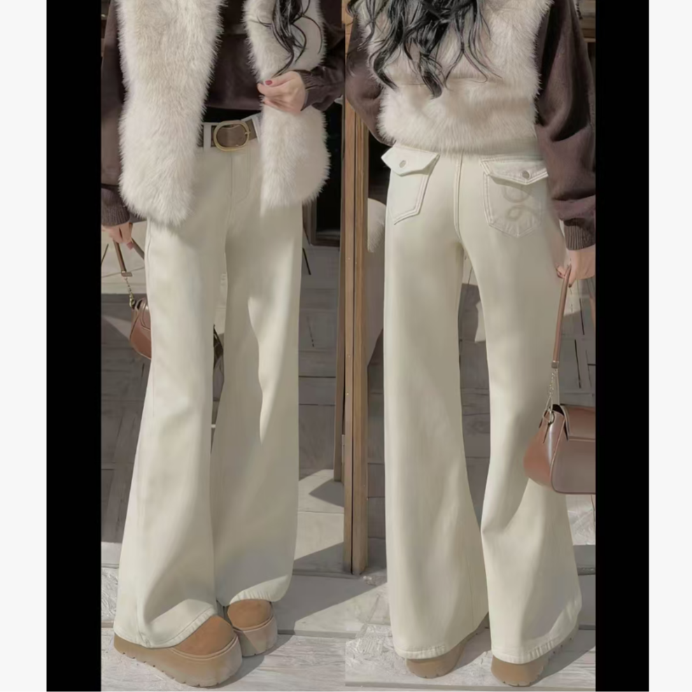 冬季新款韩系保暖显瘦翻盖杏色加绒/单料牛仔喇叭裤B3145 T