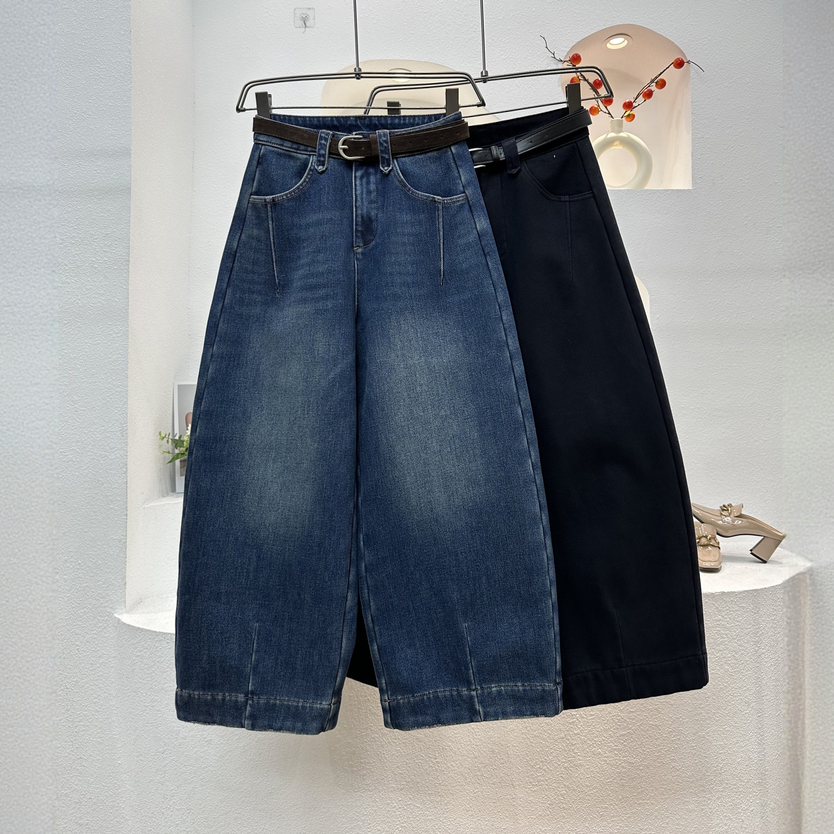 欧货蓝色冬款加厚绒阔腿休闲牛仔九分弯刀裤女哈伦裤松弛感裤子女