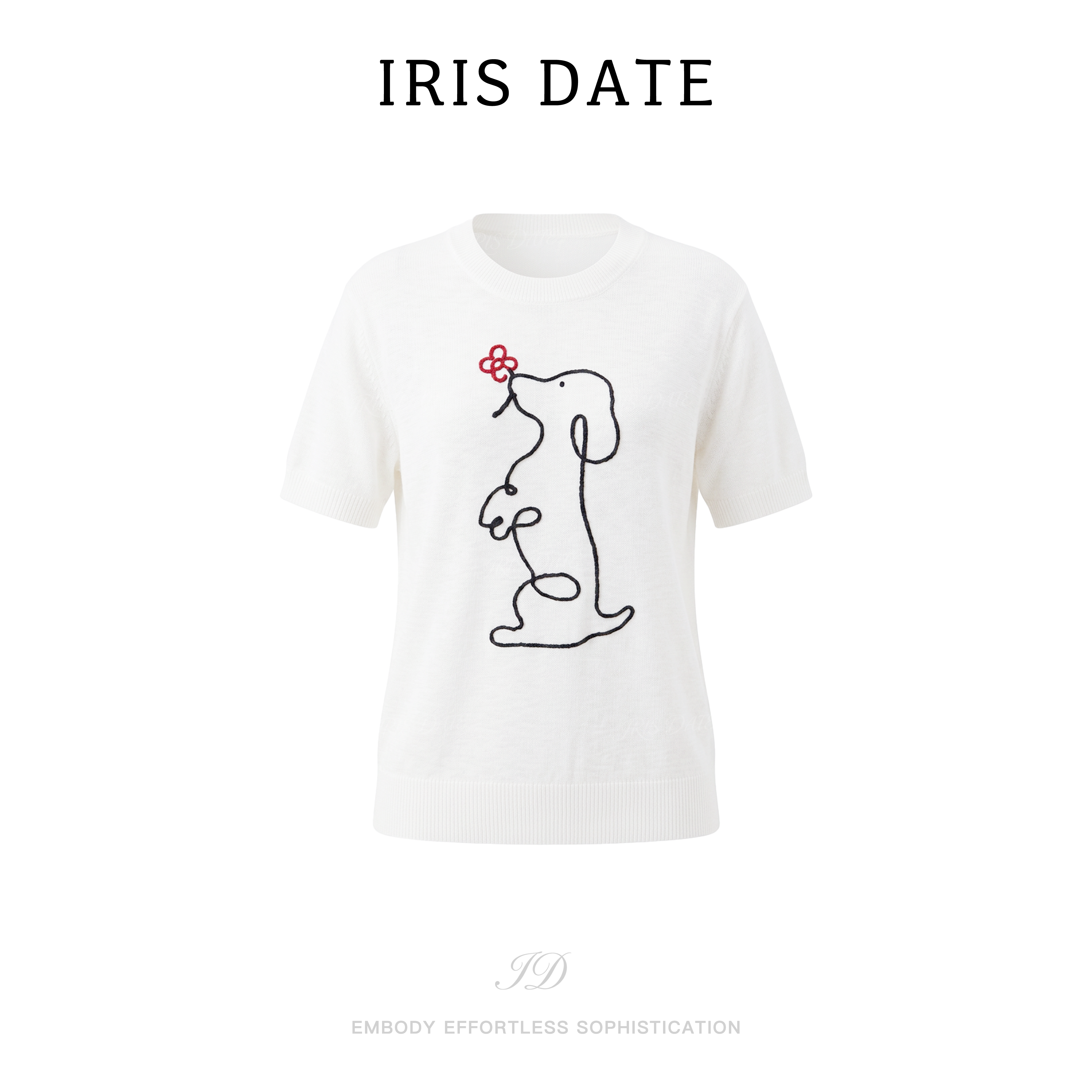 IRIS DATE夏季韩系毛织线条小狗短袖T恤透气简约百搭上衣26800
