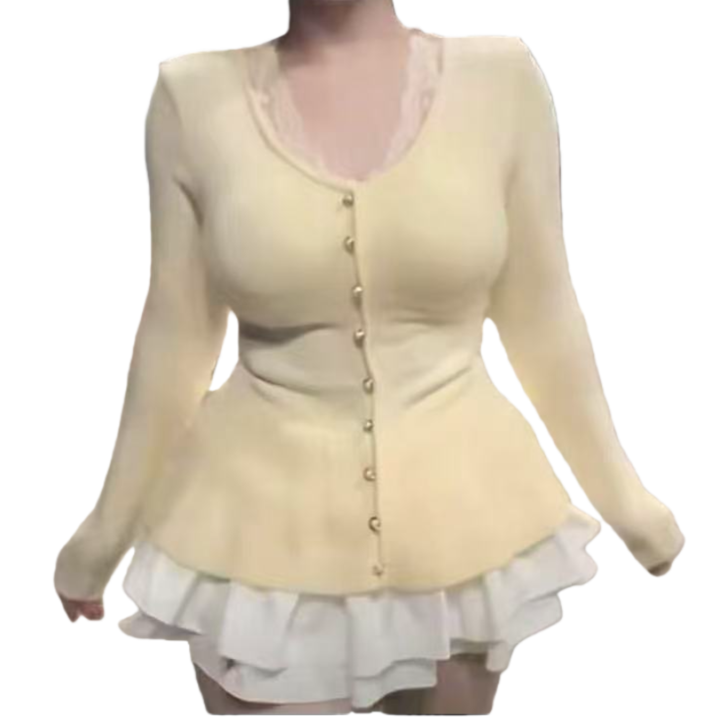 大宝家《千金建模》杏色V领蕾丝边秋冬甜辣妹收腰荷叶边韩系T恤