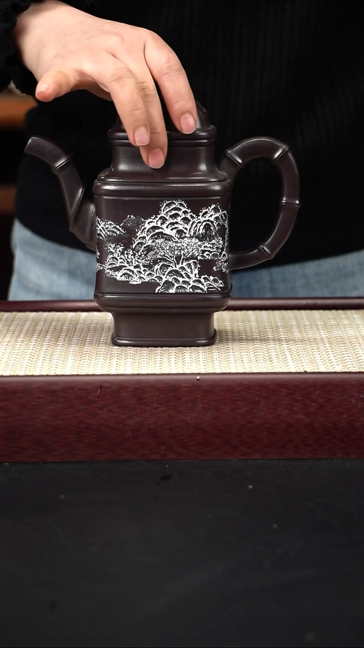 茶壶紫砂四方高竹鼎  茄皮紫