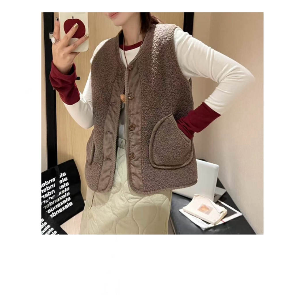 【大口袋毛毛马甲】新韩系毛毛拼灯芯绒单排扣马甲叠穿神器女显瘦