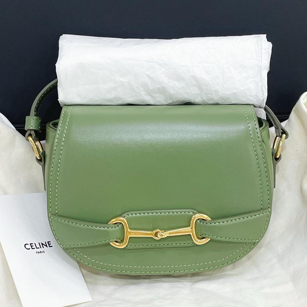 99新 Celine/思琳 绿色金扣马鞍单肩包 /7AH39953