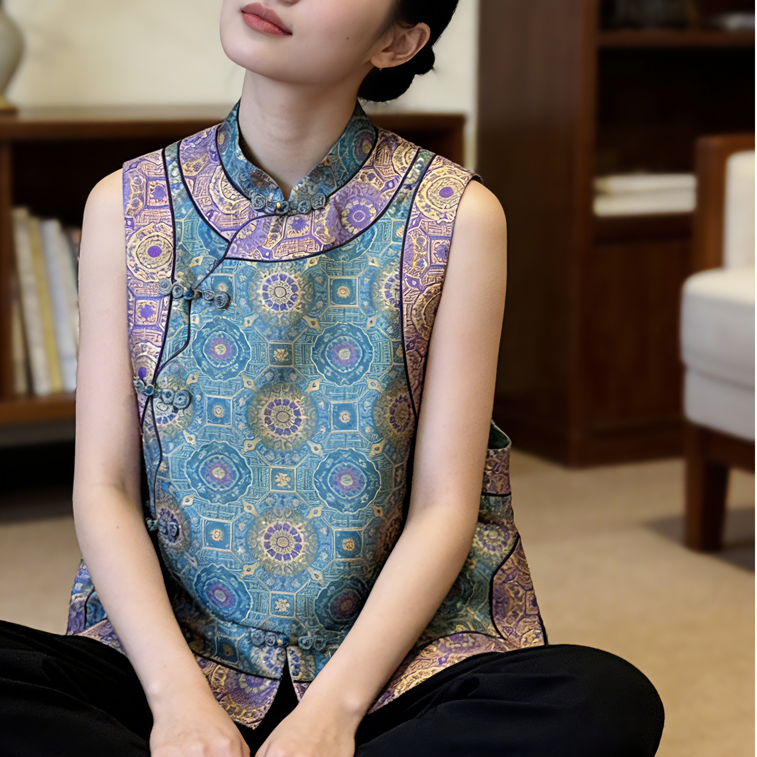 【蓝八达晕】新款100桑蚕丝国风新中式百搭马甲