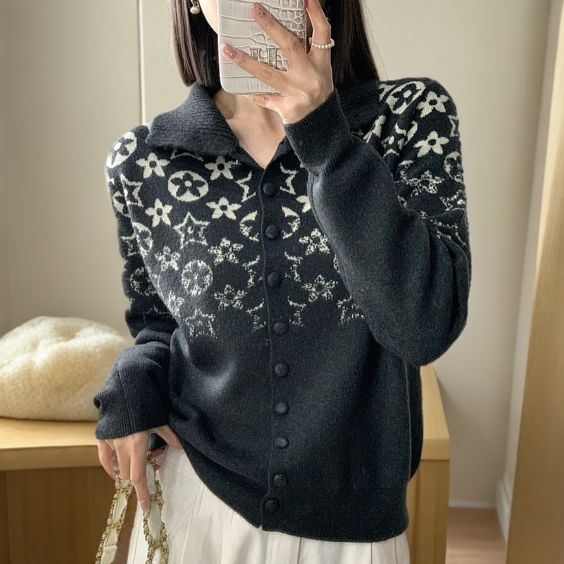 秋冬季时尚百搭气质高级立领提花单排扣针织开衫S461#