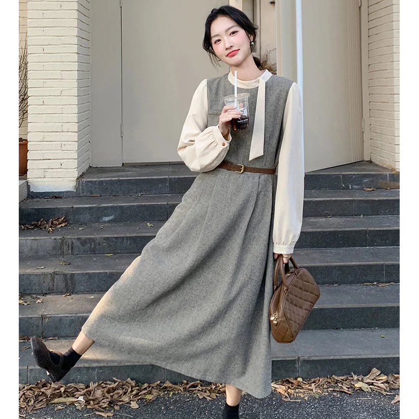 【洋洋】秋季长袖泡泡袖拼色法式连衣裙长裙韩版中长款女装