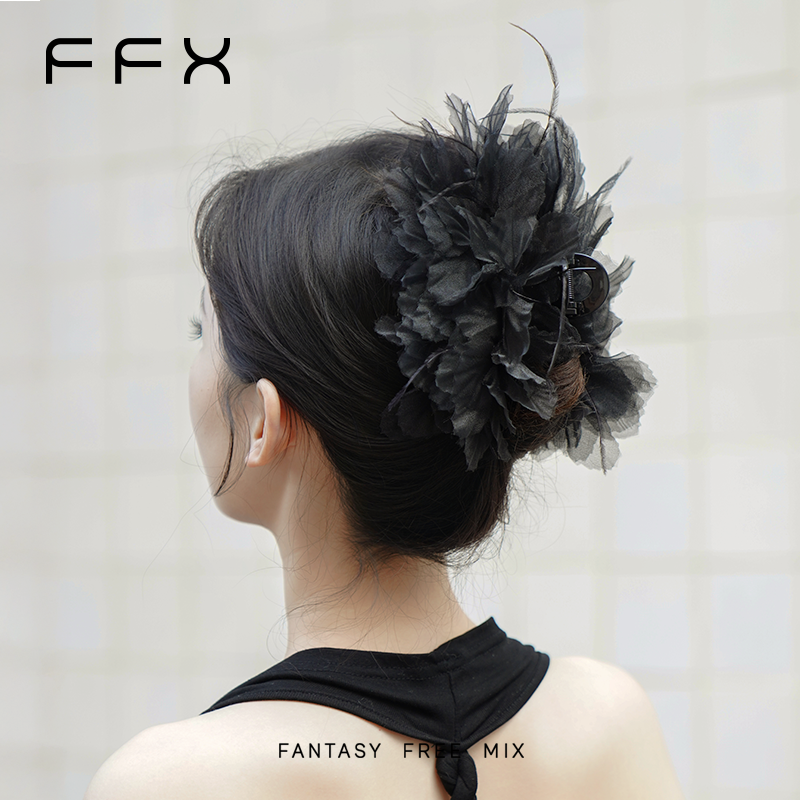 FFX【夏花】黑色羽毛抓夹气质时尚国潮发夹网红爆款仙气头饰