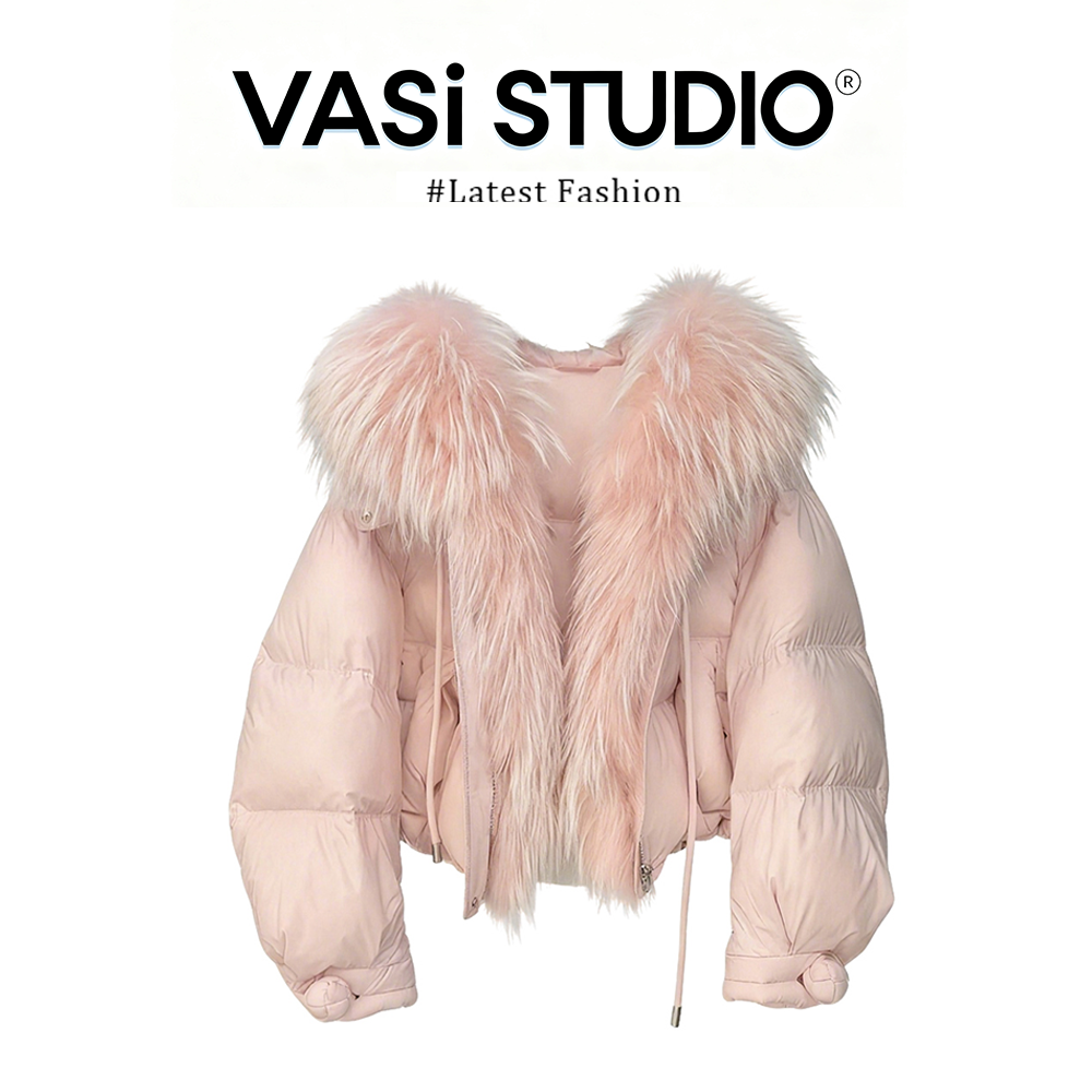VASI今年流行粉色大毛领连帽羽绒棉服外套女冬季小香风保暖厚棉衣