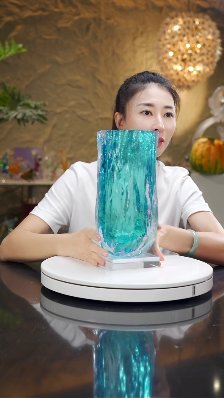 琉璃手工艺品冰川蓝树纹花瓶大号