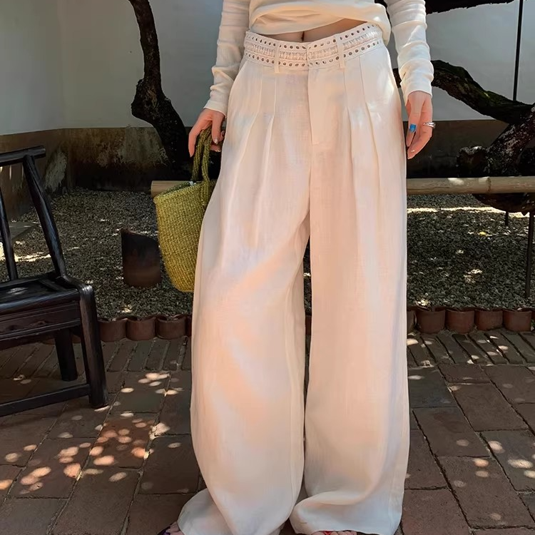 清仓款  周美美 老钱慵懒镂空织带腰头褶皱直筒亚麻休闲长裤