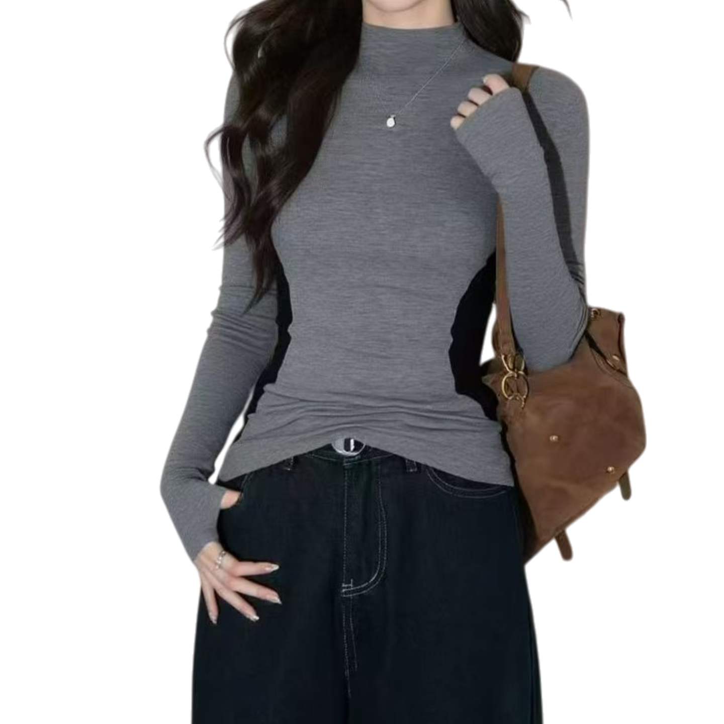 爆单猪家【修容打底】辣妹修身圆领拼色长袖T恤女秋冬磨毛收腰内搭