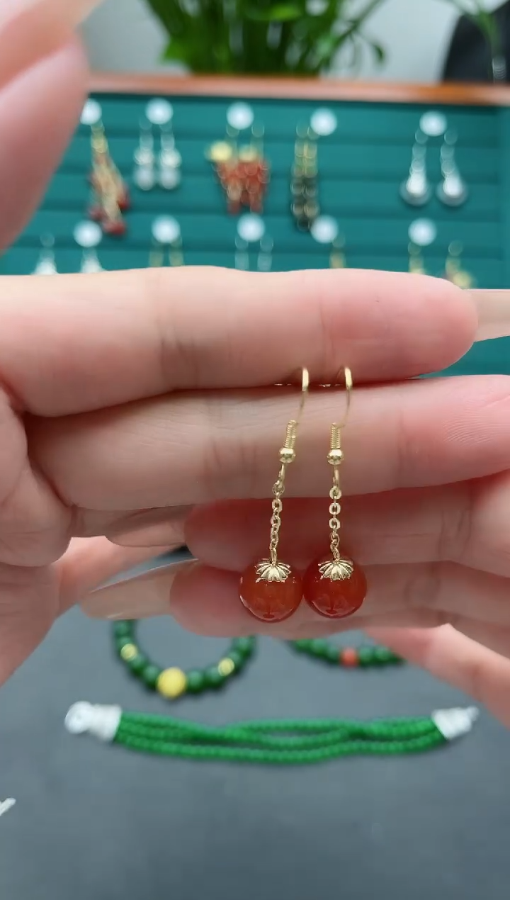 【闪购商品】南红玛瑙耳饰银S925镀金镶嵌18