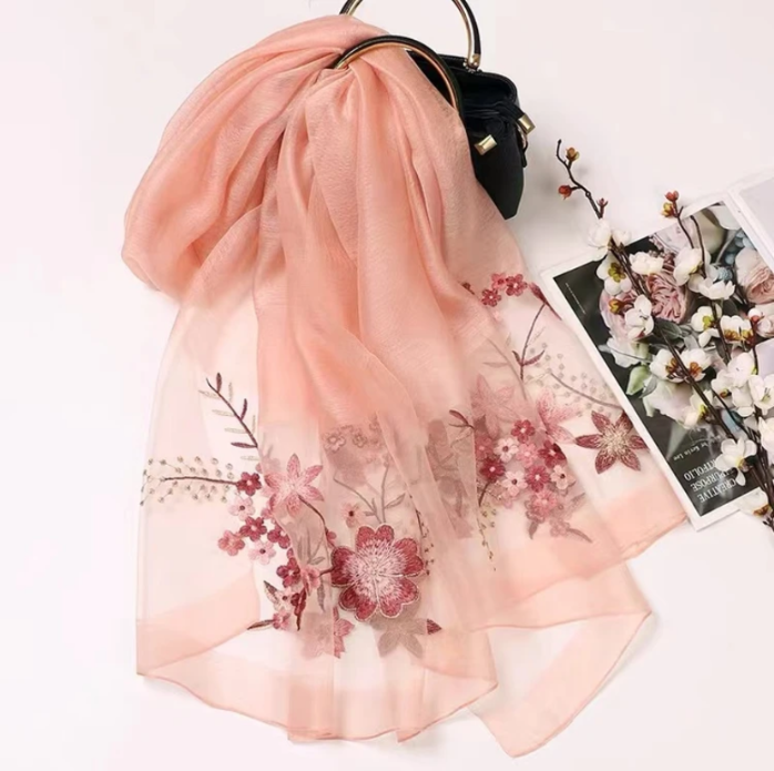 C095 粉色 一枝独秀款 刺绣桑蚕丝羊毛围巾75*175