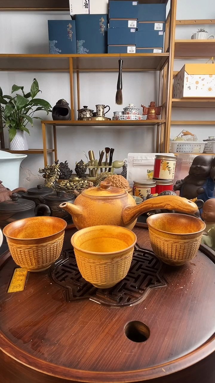 侧把壶+3杯柴烧款