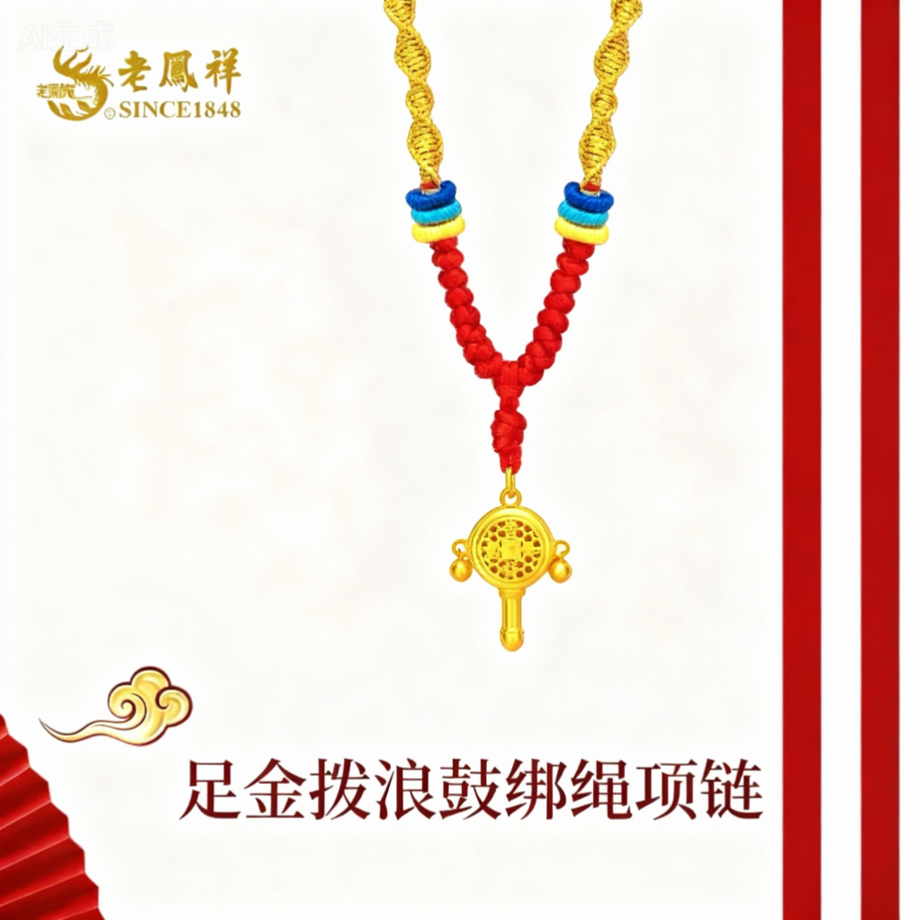 老凤祥 | 足金拨浪鼓绑绳黄金项链送女友老婆送妈妈送礼生日礼物