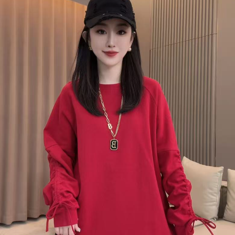 冬季宽松长款时尚百搭纯色抽绳大衫上衣长袖红色女T恤20256659