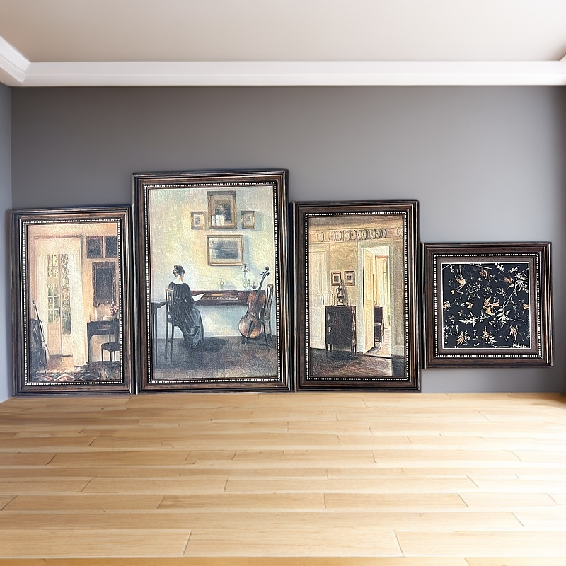 美式风法式风手工砂岩挂画玄关背景墙壁画客厅五联