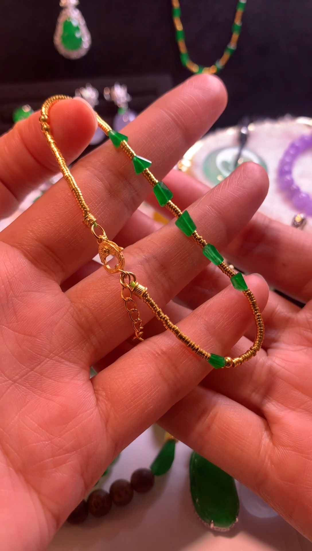 足金镶嵌手链翡翠辣色手链