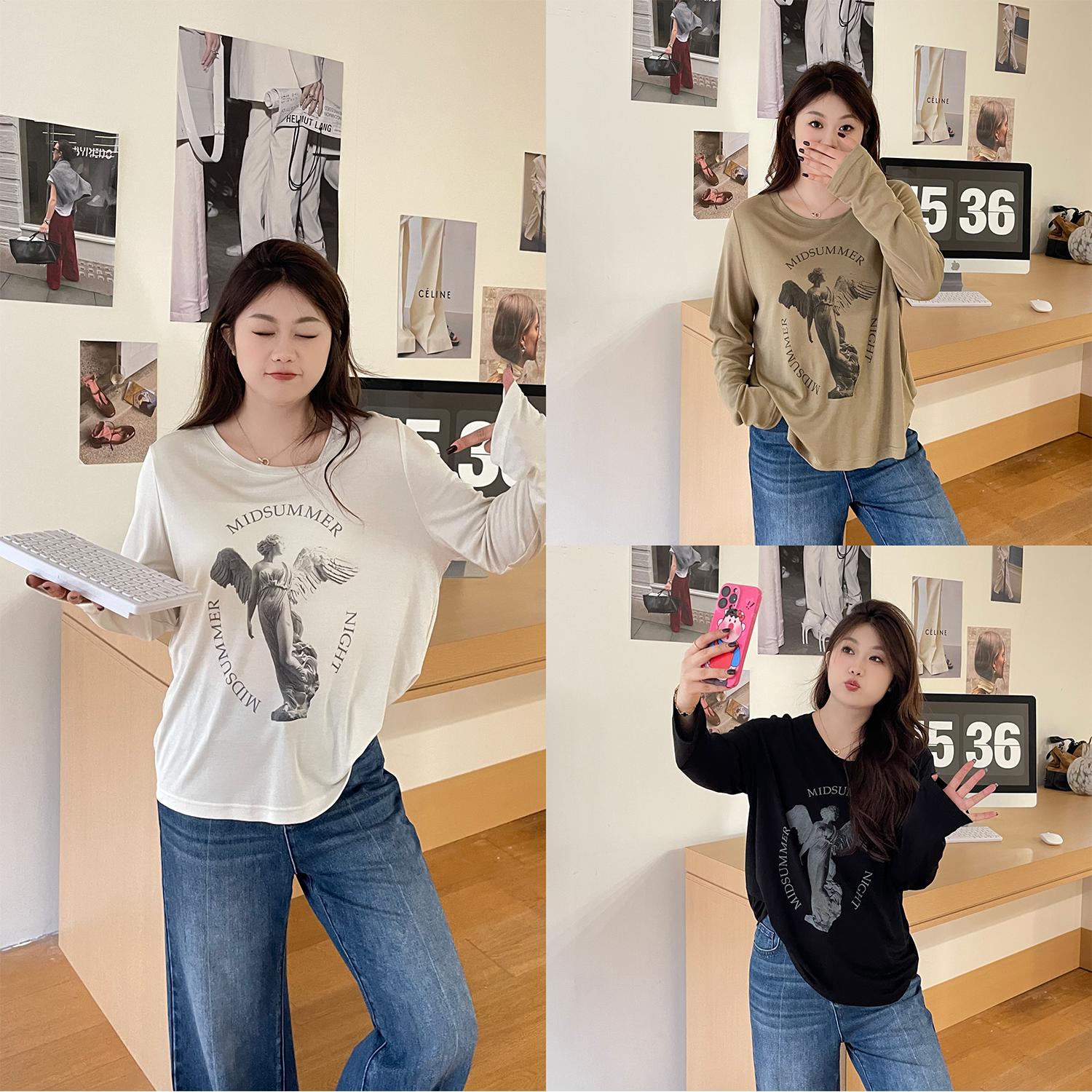 裂渡宣宣【神明降临】微胖大码女秋百搭印花莱赛尔针织T恤ZY507F100