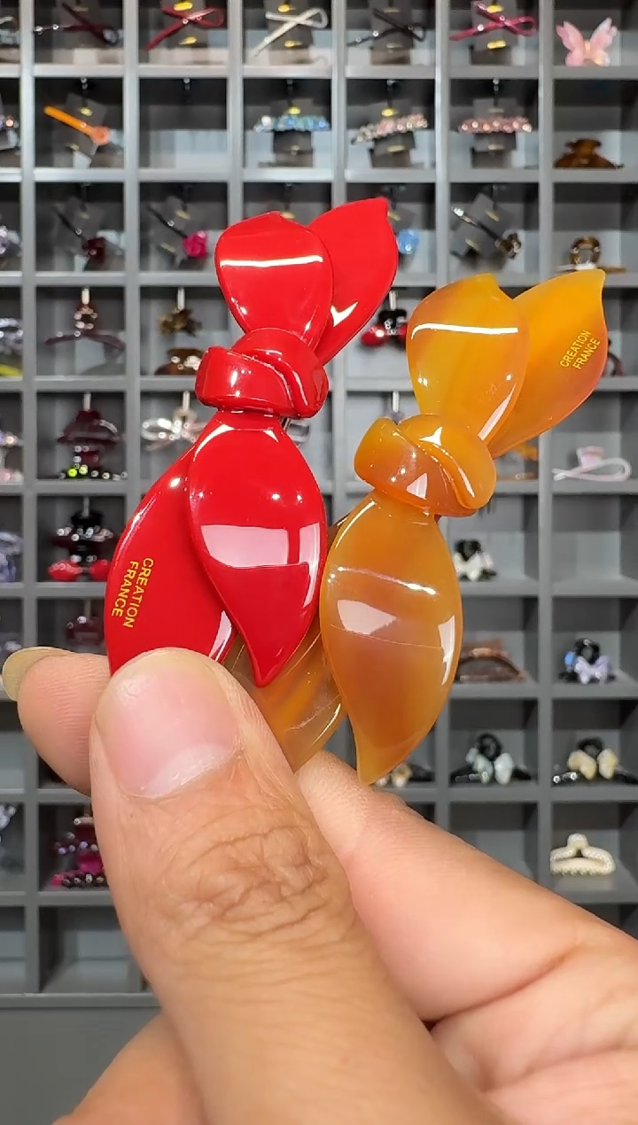 非金属醋酸醋酸韩国品牌发饰7cm蝴蝶结弹簧半扎发一对正红奶棕色