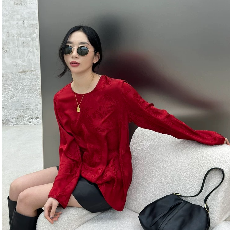 MOMO国风长袖提花四季通用中式衬衫宫廷风成人上衣小众红色时尚