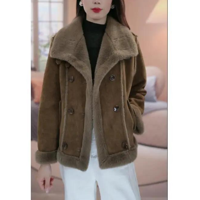 1时尚立领防风宽松型冬季气质短款女保暖毛毛一体外套大衣